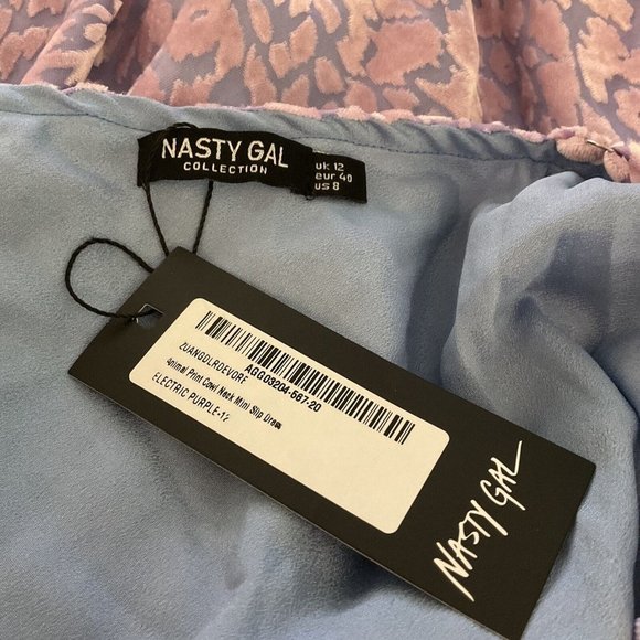 NWT Nasty Gal Animal Print Cowl Neck Mini Slip Dress Pink Purple Velour Size 8 - Picture 3 of 16